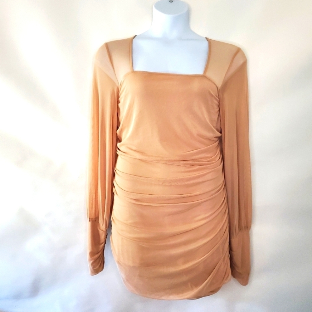 Venus Plus Size Semi-Sheer Mesh Mini Dress 2X Bodycon Ruched‎ Tan Stretch Spring